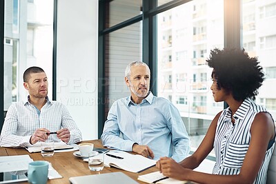 Buy stock photo Business people, meeting or collaboration in office for planning, discussion and teamwork with books. Coworkers, notes and paper in boardroom for project, ideas and brainstorming at workplace