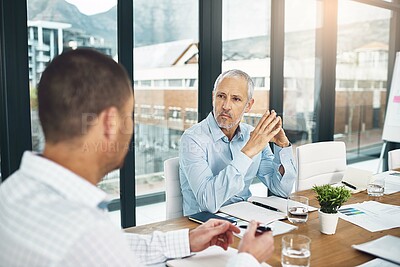 Buy stock photo CEO, business men and team planning in meeting, discussion and brainstorming startup ideas together in office. Mature financial consultant, collaboration and manager in conversation for strategy