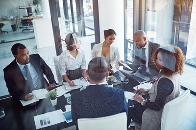 Buy stock photo Meeting, corporate and planning with business people in office for strategy, report and teamwork. Support, collaboration and project management with employees in boardroom for workshop and solution