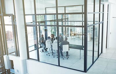 Buy stock photo Business, people and meeting in the office, building and professional workplace for group in collaboration and teamwork. Businesspeople, board room and discussion of business and project management