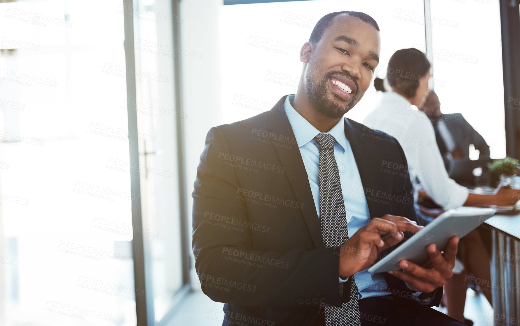 Buy stock photo Accountant, portrait and black man with tablet in office for business, research or online browsing. Face, technology and smile of corporate African auditor, happy person or professional in company.