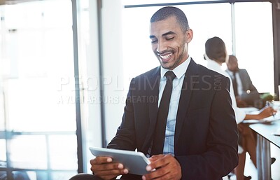 Buy stock photo Accountant, tablet and happy man in office for business email, online research app or working on project. Smile, technology and corporate auditor reading information, internet or typing to scroll.