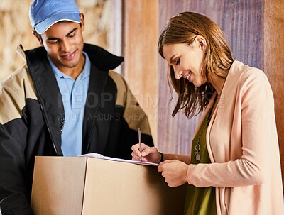 Buy stock photo Woman, courier and signature for delivery for package of online shopping, ecommerce and equipment for house decor. Girl, male dispatcher and parcel for transmission or distribution and product order.