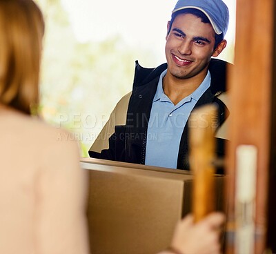Buy stock photo Man, courier and package for delivery by home of online shopping, ecommerce and equipment for house decor. Girl, male dispatcher and parcel for transmission or distribution and product order.
