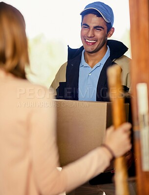 Buy stock photo Man, courier and package for delivery by home of online shopping, ecommerce and equipment for house decor. Girl, male dispatcher and parcel for transmission or distribution and product order.