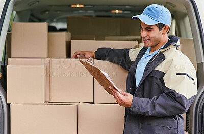 Buy stock photo Man, reading and delivery with van, checklist and invoice or updates on courier service or quality control. Male dispatcher, clipboard and logistics with records or documents for stock inspection.