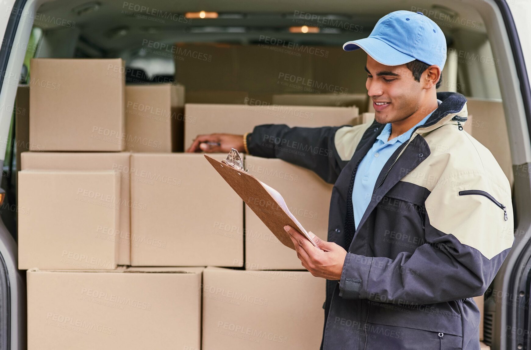 Buy stock photo Man, reading and delivery with van, checklist and invoice or updates on courier service or quality control. Male dispatcher, clipboard and logistics with records or documents for stock inspection.