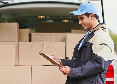 Buy stock photo Man, writing and delivery with van, checklist and invoice or updates on courier service or quality control. Male dispatcher, clipboard and logistics with records or documents for stock inspection.