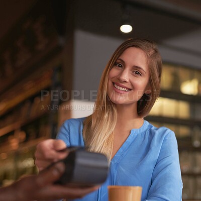Buy stock photo Cafe, POS and woman with credit card for payment in coffee shop with easy fintech machine for shopping. Money, sale and customer at register with cashier to process transaction in small business