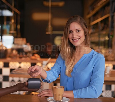 Buy stock photo Cafe, portrait and payment on credit card with woman in coffee shop and easy POS, fintech machine or shopping. Money, sale and customer with cashier to process retail transaction in small business