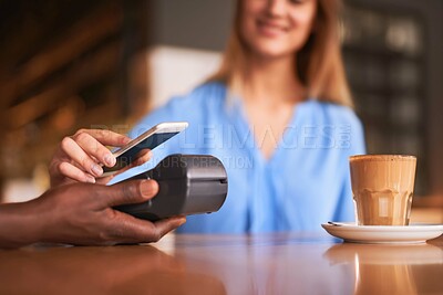 Buy stock photo Phone, payment and customer POS in cafe or coffee shop with easy fintech machine for shopping. Cashless, smartphone and futuristic contactless cashier to process online transaction in business