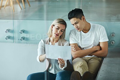 Buy stock photo Business people, talking and paper for planning on stairs, partners and advice on proposal in office. Employees, conversation and documents for support in collaboration, speaking and idea on steps