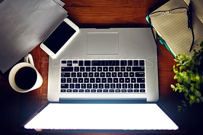 Buy stock photo Above, laptop and keyboard on desk, workspace and documents for project, empty and mockup. Computer, top view and mug with coffee, organise for flow and effective setup for creative and startup