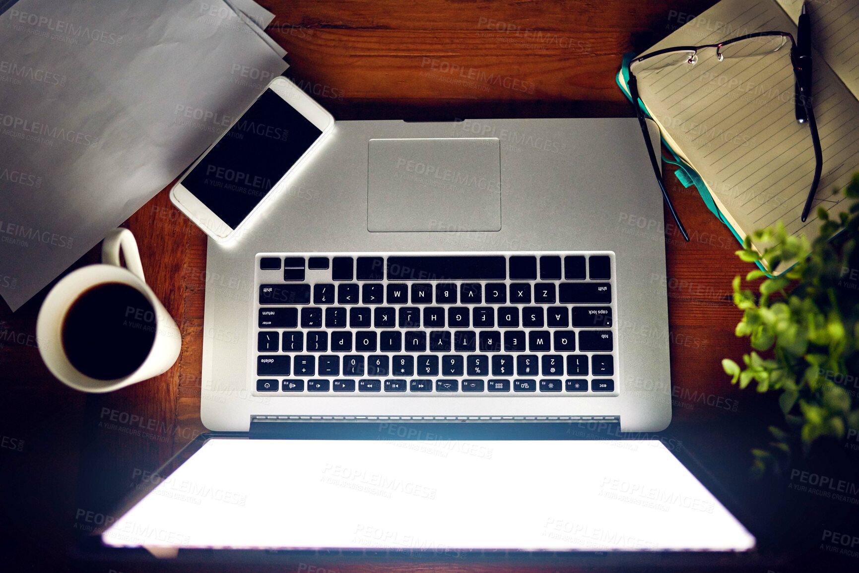Buy stock photo Above, laptop and keyboard on desk, workspace and documents for project, empty and mockup. Computer, top view and mug with coffee, organise for flow and effective setup for creative and startup