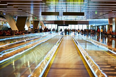 Buy stock photo People, airport and mobile walkway or terminal in lobby as waiting area for passenger and traveller in Dubai. Crowd, luggage and boarding on immigration for international or global travel for trip