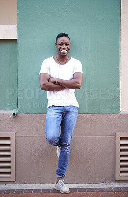 Buy stock photo Outdoor, portrait and man with smile, wall and relax in weekend, break and student in university. City, fashion and happy for college in Atlanta, confident and pride in street, summer and person