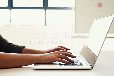 Buy stock photo Person, hands and copywriting with laptop in closeup for news blog, internet research and planning article. Editor, freelance writing and remote work with feedback for connection and information