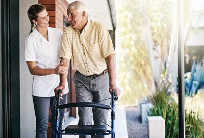 Buy stock photo Senior, man and nurse outside with walker, movement and wellness care with healthcare employee in nursing home. Rehabilitation, walking and support with caretaker, physical therapy and happy people