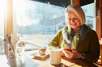 Buy stock photo Senior woman, smartphone and coffee in cafe for breakfast, app and digital menu with happy in city. Elderly person, smile and muffin in Sweden at restaurant with phone for email, chat or internet 