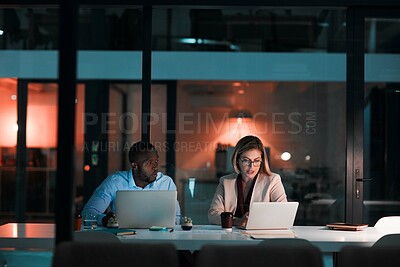 Buy stock photo Employee, partner and laptop in office at night with documents for deadline or overtime as accountant. Business, people and data capture for financial reviews, records and audit for company report