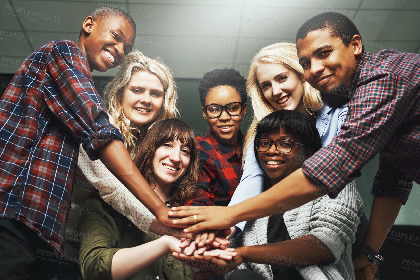 Buy stock photo Portrait, office and hands for synergy with smile for celebration on deal, teamwork and collaboration. People, boardroom and happy for business achievement with congratulations for team building
