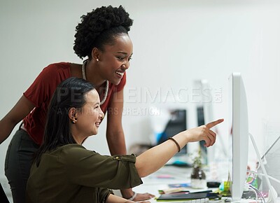 Buy stock photo Internship, women and computer at desk for opinion, mentorship and female consultant in office for project. Coaching, feedback and support from colleague in workplace for global start up company