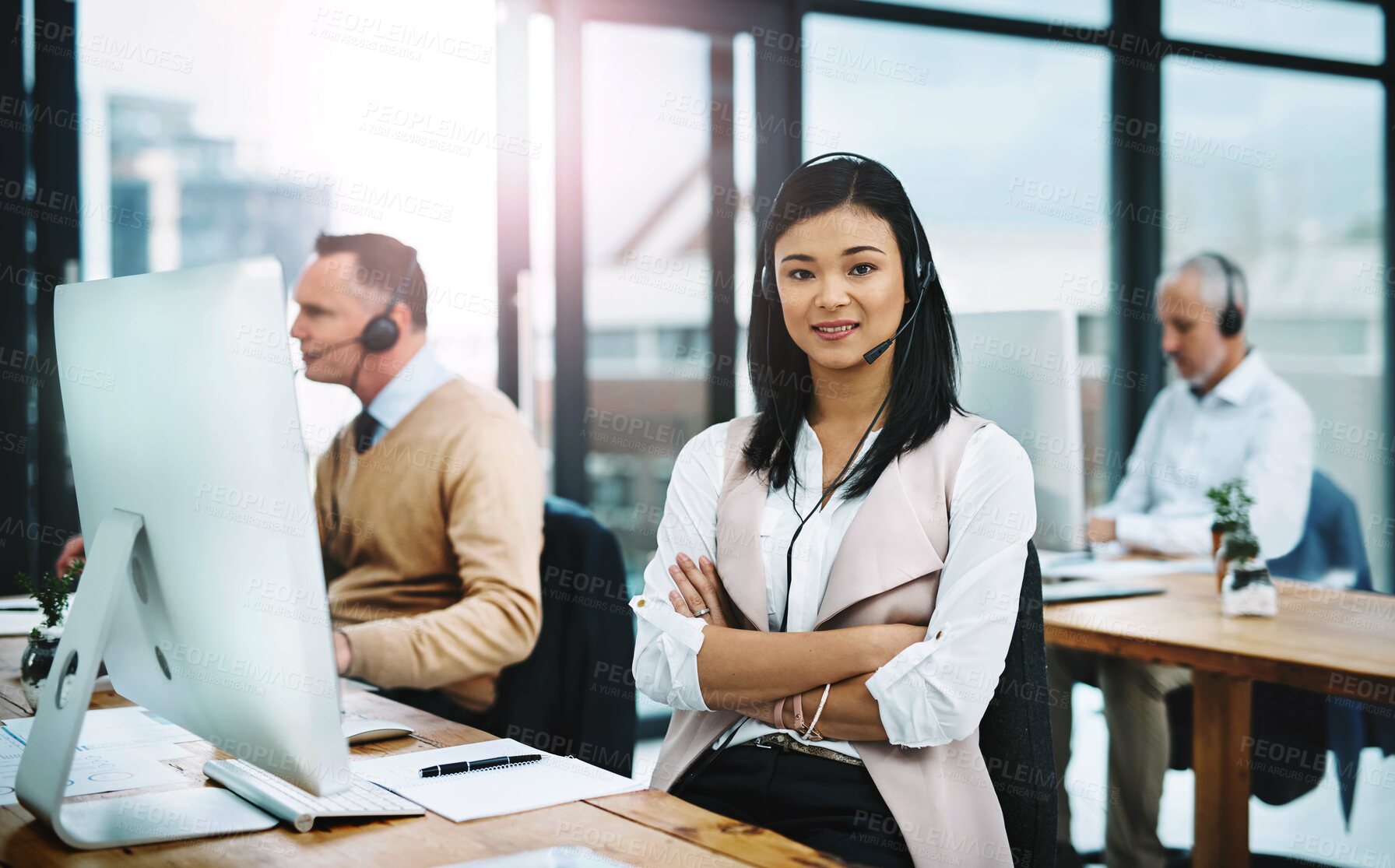Buy stock photo Woman, call center and portrait in customer service agent, smile and computer. Telemarketing, sales and desktop in office, support and consultant using a headset for communication and CRM business