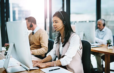 Buy stock photo Woman, computer and call centre agent in coworking office, crm and consultant for support. Female person, headset and telemarketer for sale service, advisor and virtual assistant for customer care