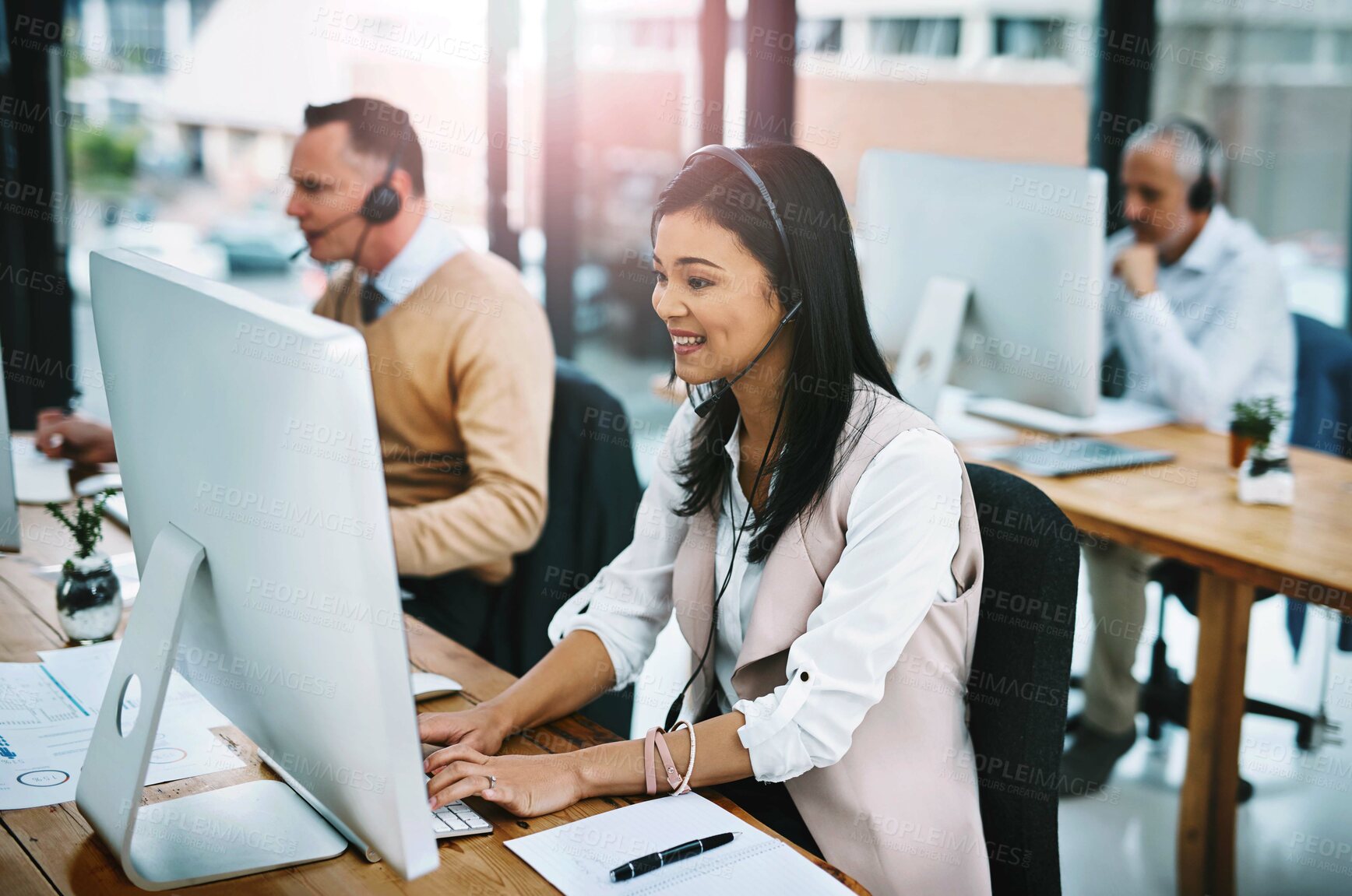 Buy stock photo Woman, computer and call centre operator in coworking office, crm and consultant for support. Female person, headset and telemarketer for sale service, advisor and virtual assistant for customer care