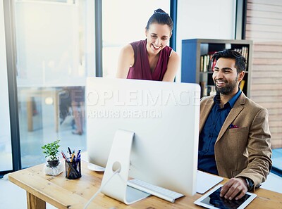 Buy stock photo Office, people and consult with computer for teamwork in company with collaboration for web design. Technology, advice and teaching for talk in Sweden with business or tech with manager for work.