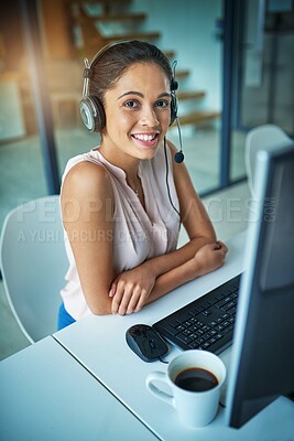 Buy stock photo Happy woman, call center and portrait smile on computer in customer service, support or telemarketing at office. Friendly female person, consultant or agent smiling for online advice or communication