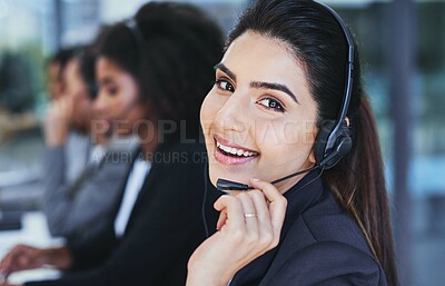 Buy stock photo Portrait of a young woman working in a call centre