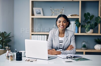Buy stock photo Office, happy and portrait of business woman at desk working on project, planning and research. Corporate worker, insurance consultant and person with confidence, company pride and smile in office