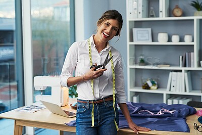 Buy stock photo Portrait, woman or scissors in fashion design, business or workshop with entrepreneur. Smile, seamstress or tape measure at table, laptop or sewing machine with sustainable textile boutique creation