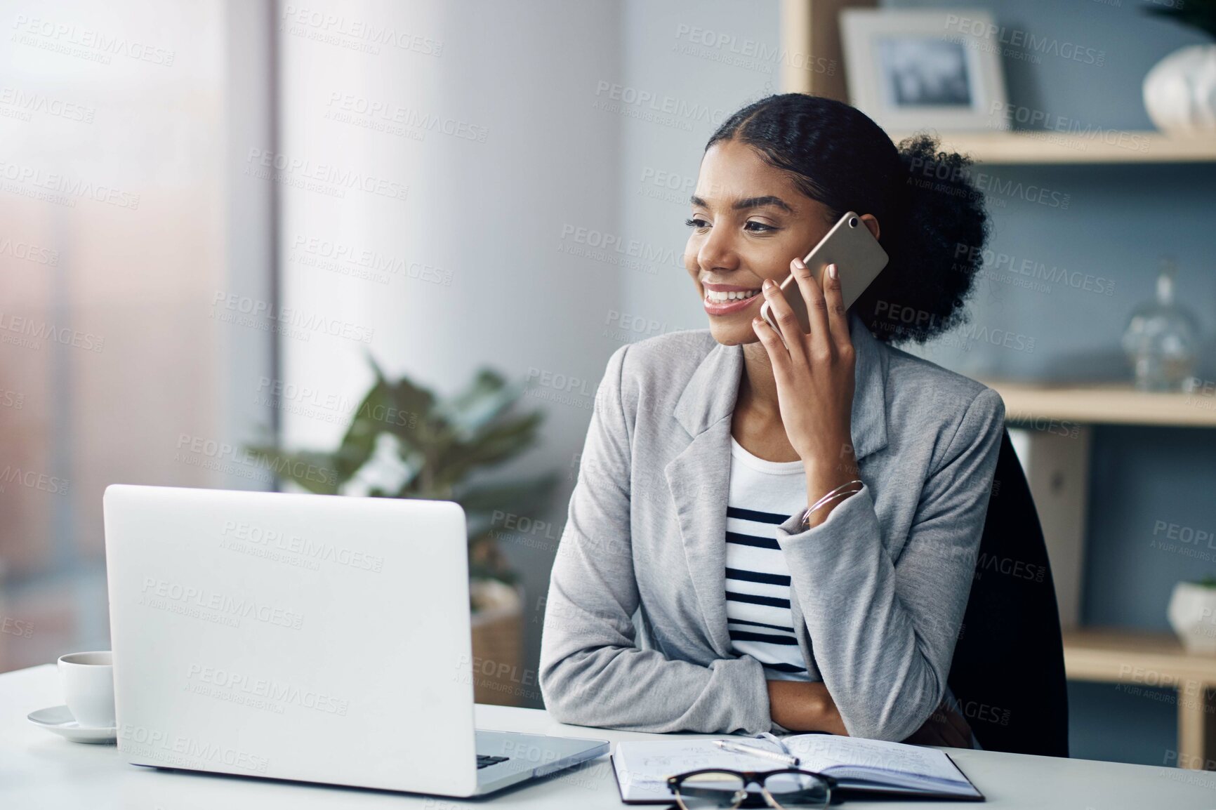 Buy stock photo Phone call, laptop and business woman in office for online chat, networking and discussion. Corporate worker, professional and person on smartphone and computer for planning, contact or communication