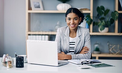 Buy stock photo Office, smile and portrait of woman at laptop for research, business review or online report at agency. Budget, planning and consultant at desk with computer, confidence and financial risk management
