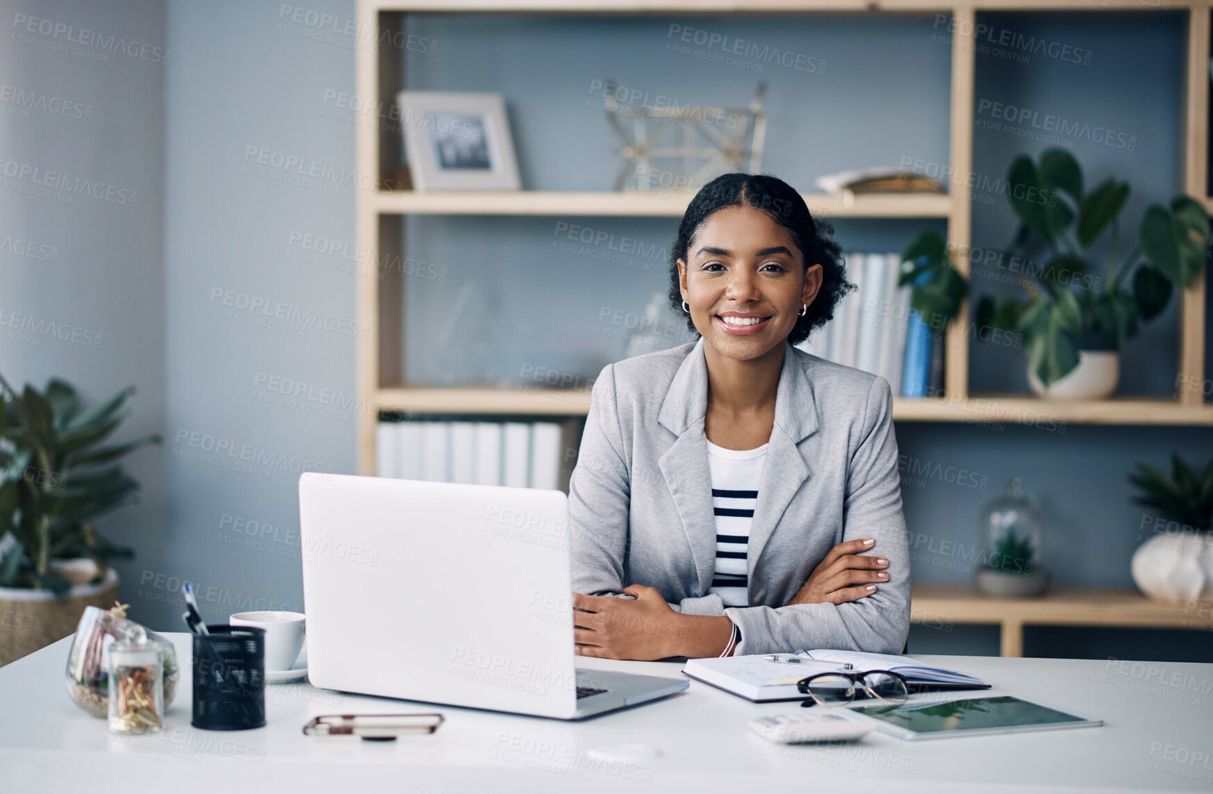 Buy stock photo Office, smile and portrait of businesswoman at laptop for research, business review or online report. Budget, planning and happy consultant at desk with computer, confidence and financial management