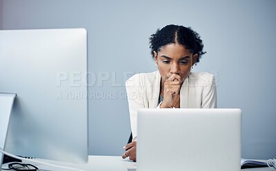 Buy stock photo Businesswoman, thinking and laptop in office for planning, corporate and online project for website. Working, internet search and information on tech, reading email and web designer in workplace