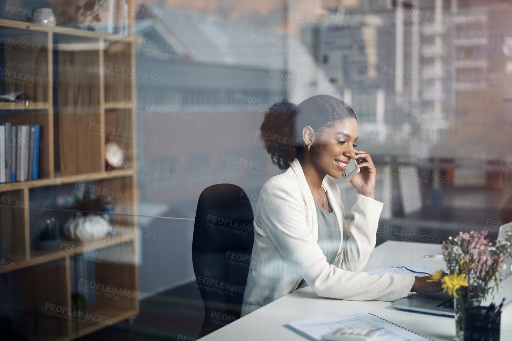 Buy stock photo Phone call, laptop and business woman in window for talking, networking and discussion. Corporate worker, office and person on smartphone and computer for website, online planning or communication