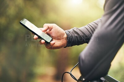 Buy stock photo Hands, search and gps on smartphone for cycle athlete lost in nature park with online map app. Digital navigation and connection with 5g for bicycle person looking for direction information.