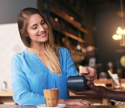 Buy stock photo Cafe, POS and customer with credit card for payment in coffee shop with easy fintech machine for shopping. Money, sale and person at register with cashier to process transaction in small business