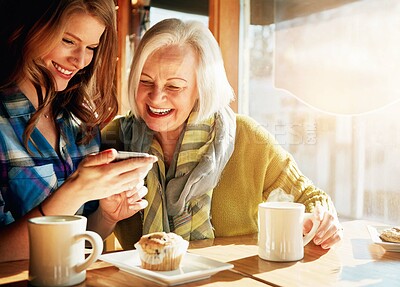 Buy stock photo Family, mother and daughter in cafe, cellphone and conversation with social media, coffee and digital app. People, mama and girl with smartphone, texting in restaurant and happiness with cappuccino