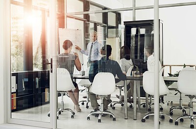 Buy stock photo Business people, CEO and presentation with discussion in office for company growth, sales graph and data analysis. Teamwork, employees and meeting with statistics for financial report or profit chart