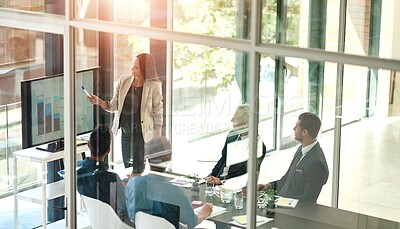 Buy stock photo Business woman, presentation and conference room glass with collaboration and digital chart. Speaker, financial and accounting data with workshop and presenter in office with company stats review