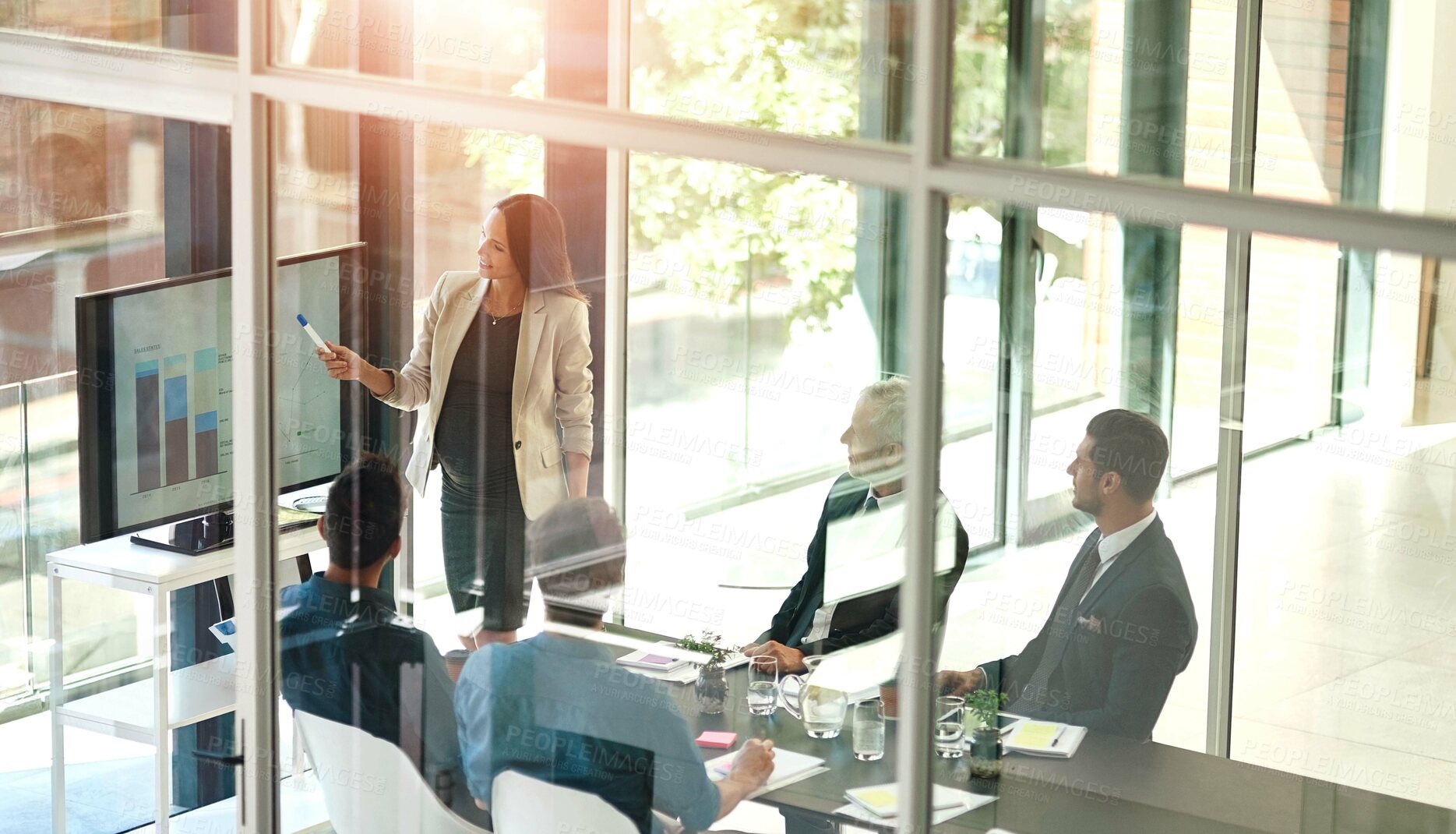 Buy stock photo Business woman, presentation and conference room glass with collaboration and digital chart. Speaker, financial and accounting data with workshop and presenter in office with company stats review