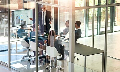 Buy stock photo Presentation, charts and business people in meeting at office for corporate revenue, profit and finance data. Statistics, discussion and financial advisors with company stock investment strategy.