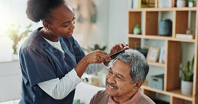 Buy stock photo Living room, elderly man and nurse with comb for hair care, grooming or support in nursing home. Senior person, medical professional and discussion with helping for wellness, hairstyle and retirement