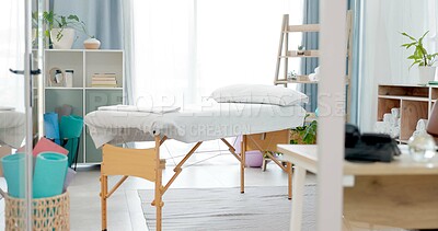 Buy stock photo Therapy room, empty and a bed for physiotherapy, hospital exam or healthcare test. Clinic bedroom, medicine and gear and tools in an chiropractic or orthopedic office for a consultation or check