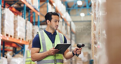 Buy stock photo Logistics, man and tablet in warehouse with scanning, stock and price for quality control in supply chain or freight. Male person, industrial and safety in manufacturing, shipping in trade for export