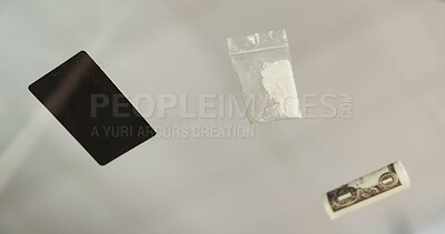 Buy stock photo Low angle, glass table and credit card with cocaine, cash and illegal substance with addiction. Overdose, below and evening with closeup, habit or home with crime, rehabilitation and empty with money